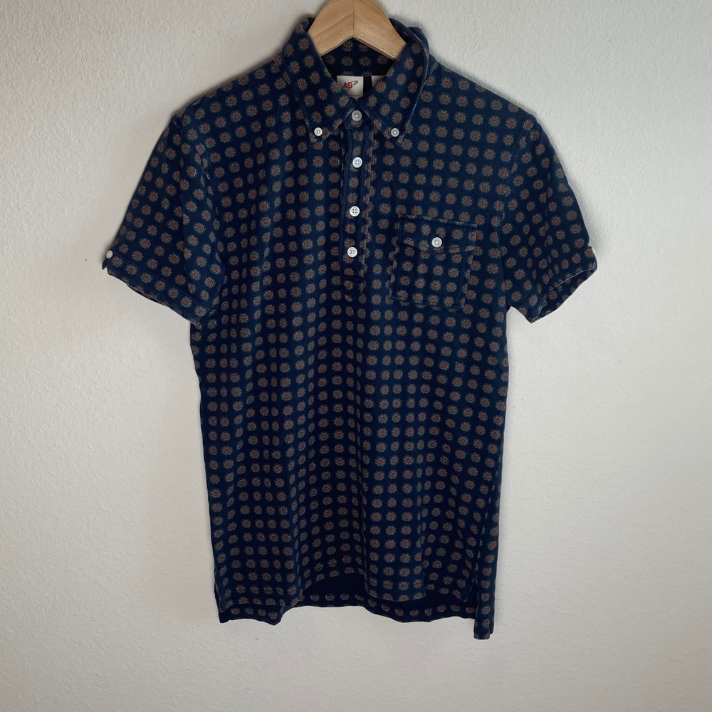 Uniqlo X Michael Bastian Navy Blue Polo Shirt Geometric Print Mens Medium Pocket